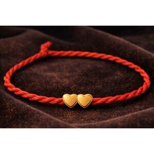 Red Maca Lucky Love Bracelet with Two Gold Heart Charms
